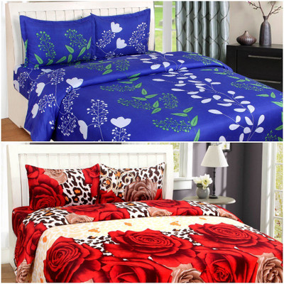 MANISHPANDEY 144 TC Microfiber Double Abstract Flat Bedsheet(Pack of 2, Blue, Red)