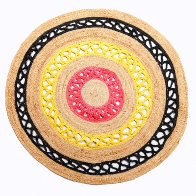 Handicraft-Palace Beige, Yellow, Black, Pink Jute Area Rug(4 ft,  X 4 ft, Circle)