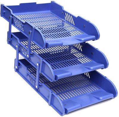 Oxfo 3 Compartments Plastic Moving Document File Tray Holders Desk Set Book Holder Organizer A4 Office School Supplies Desk Accessories(Blue)