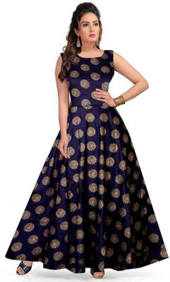 Dev Fashion Women Maxi Dark Blue, Gold Dress