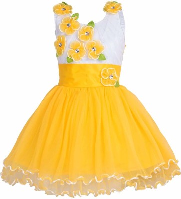 Clobay Girls Midi/Knee Length Party Dress(Yellow, Sleeveless)