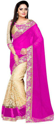 FoogFeb Printed Daily Wear Georgette, Net Saree(Pink)