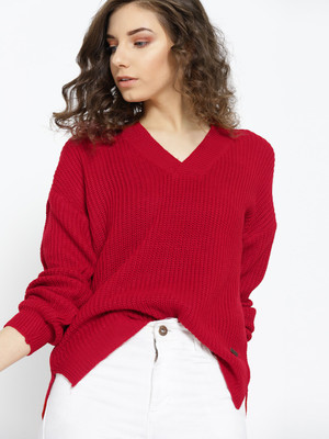 Roadster Solid V Neck Casual Women Red Sweater