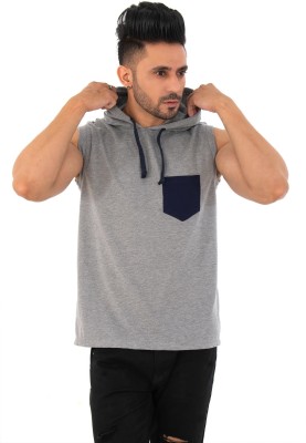 SKYBEN Printed Men Hooded Neck Grey T-Shirt
