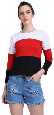 BASE 41 Colorblock Women Round Neck Red, White, Black T-Shirt
