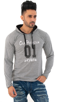 SKYBEN Printed Men Hooded Neck Grey T-Shirt