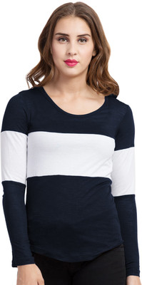 BASE 41 Colorblock Women Round Neck White, Blue T-Shirt