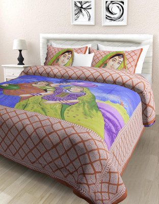 Rajdhani Collection 104 TC Cotton Double Jaipuri Prints Flat Bedsheet(Pack of 1, Brown)