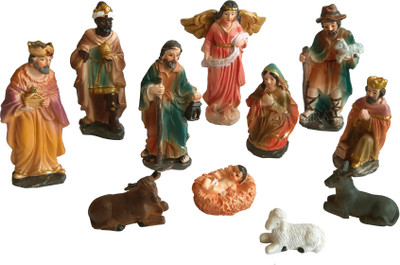 SK Craft 11 Piece Christmas Nativity Crib Set Decoration Baby Jesus, Christmas Crib Nativity Set, Christmas Decoration Separate Pieces 10 cm Pack of 11
