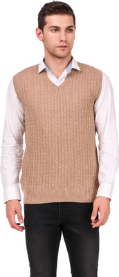 BRAVEZI Self Design V Neck Casual Men Beige Sweater
