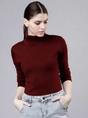 Tokyo Talkies Solid Turtle Neck Casual Women Red Sweater