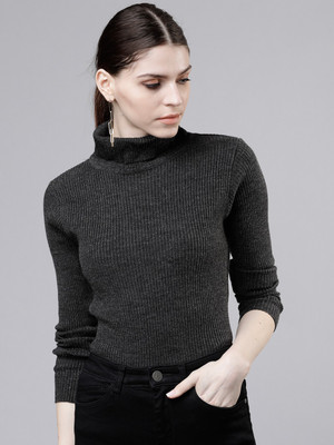 Tokyo Talkies Solid Turtle Neck Casual Women Grey Sweater