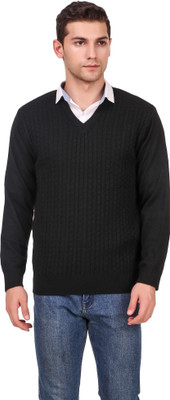 BRAVEZI Self Design V Neck Casual Men Black Sweater
