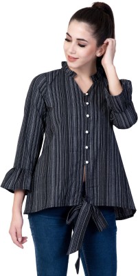 God Bless Casual Bell Sleeve Striped Women Black Top