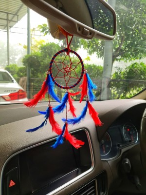 BS AMOR Dream catcher car hanging, car mirror decoration handmade beaded circular net with feathers windchime Red & Blue (41 cm) Decorative Showpiece  -  41 cm(Feather, Red, Blue)