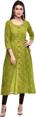 GLAM ROOTS Women Printed A-line Kurta(Green, Yellow)