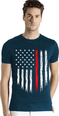 ADRO Printed, Striped Men Round Neck Blue T-Shirt
