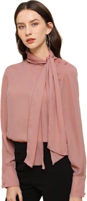Stylistico Casual Cuffed Sleeve Solid Women Pink Top