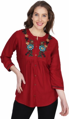 Stylistico Casual 3/4 Sleeve Embroidered Women Maroon Top