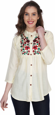 Stylistico Casual 3/4 Sleeve Embroidered Women White Top