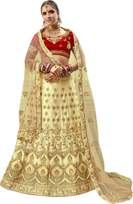 Shadow & Saining Embroidered Semi Stitched Lehenga Choli(Beige)