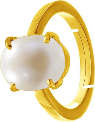 K K GEMS Natural Pearl Moti 7.5Ct./8.25Ratti Womens Panchdhatu Adjustable Engagement Ring Copper Gold Plated Ring