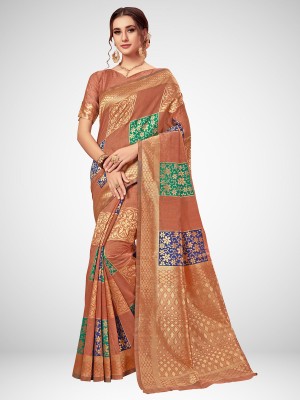 Ratnavati Woven, Floral Print Banarasi Cotton Silk Saree(Brown)