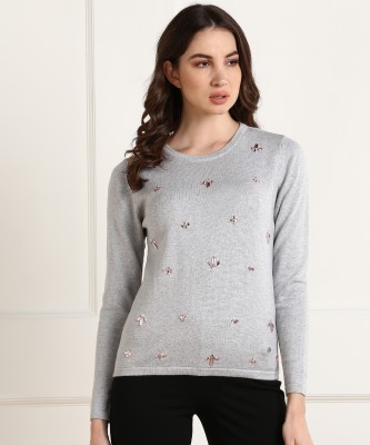 Allen Solly Embellished Round Neck Casual Women Grey Sweater