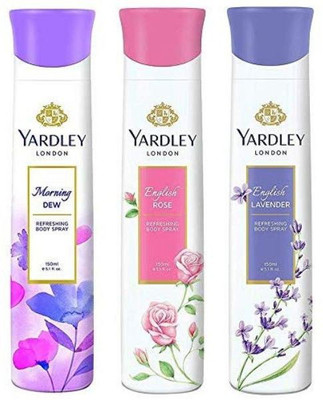 YARDLEY Deo Tripack - English Lavender + English Rose + Morning Dew 150ml (Pack of 3) Deodorant Spray  -  For Women(450 ml, Pack of 3) YARDLEY Deo Tripack - English Lavender + English Rose + Morning Dew 150ml (Pack of 3) Deodorant Spray  -  For Women(450 ml, Pack of 3)