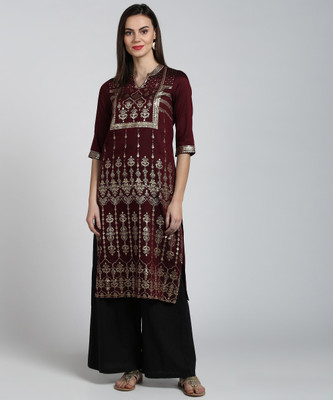 Aurelia Women Printed Straight Kurta(Maroon)