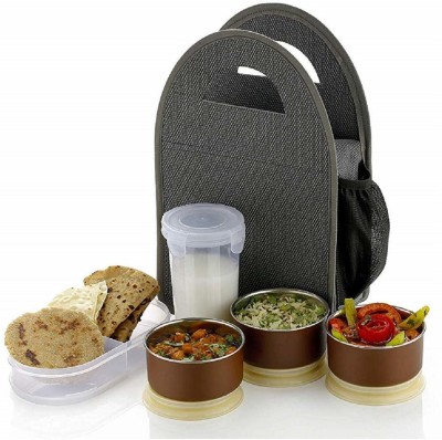 AURUMWARE Stainless Steel 3 Container & 1 Caserolles Set with Plastic Bottle Lunch Box Tiffin Set with Bag for Office Microwave-safe Lunch Box with Bag for Adults and Kids (Grey) 5 Containers Lunch Box(500 ml, Thermoware)