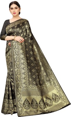 Exclusive Designer Woven Kanjivaram Silk Blend, Jacquard Saree(Black)