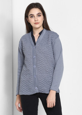 Pivl Self Design V Neck Casual Women Grey Sweater