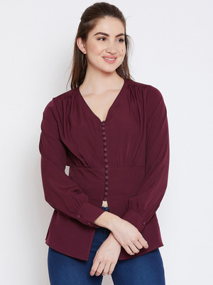 Imfashini Formal Bishop Sleeve Solid Women Maroon Top