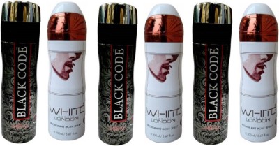 St. Louis 3 Black Code and 3 White London Deodorant Body Spray 200ML Each (Pack of 6) Deodorant Spray  -  For Men & Women(1200 ml, Pack of 6)