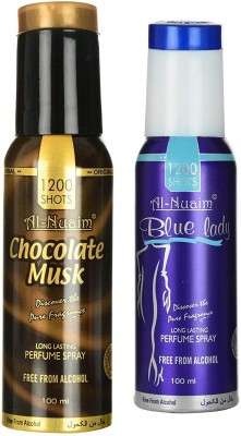 Al Nuaim Chocolate Musk & Blue Lady Perfume Spray 1200 Shots Deodorant Spray  -  For Men(200 ml, Pack of 2)