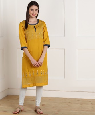 W Women Embroidered Straight Kurta(Yellow)