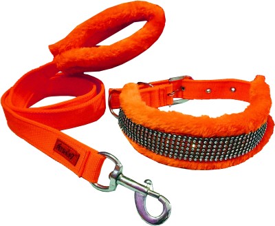 Petshop7 Premium Quality Nylon Peach 1.25 inch Fur Dog Collar and Leash (Neck Size : 18-24 inch) Large Dog Collar & Leash(Large, Orange)