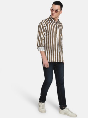 EMERALS Men Striped Casual White, Brown Shirt