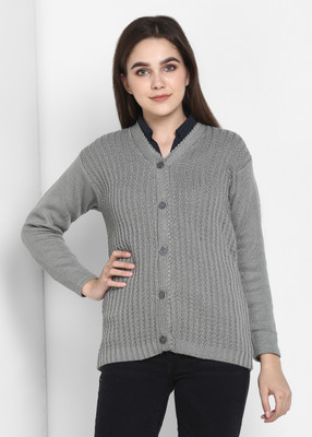 Pivl Self Design V Neck Casual Women Grey Sweater