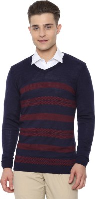 VAN HEUSEN Striped V Neck Casual Men Blue Sweater