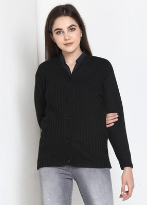 Pivl Self Design V Neck Casual Women Black Sweater