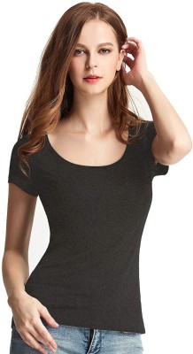 THE BLAZZE Solid Women Round Neck Grey T-Shirt