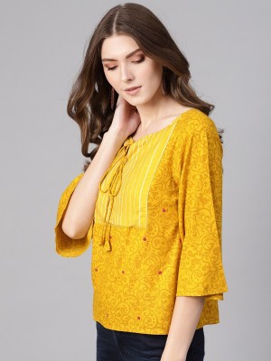 PANNKH Casual 3/4 Sleeve Printed Women Yellow Top