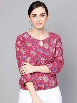 PANNKH Casual 3/4 Sleeve Floral Print Women Pink Top