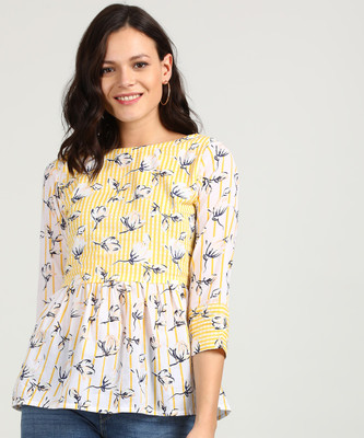 AND Casual Cuffed Sleeve Printed, Striped Women White, Yellow Top