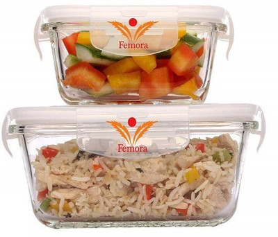 Femora Glass Fridge Container  - 380 ml, 580 ml(Pack of 2, White)