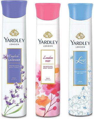 Yardley London English Lavender, London Mist and Lace 150ML Each (Pack of 3) Body Spray  -  For Women(450 ml, Pack of 3)