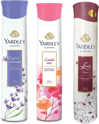 Yardley London English Lavender, London Mist and Lace Satin Body Spray Women for Women 150ML Each (Pack of 3) Body Spray  -  For Women(450 ml, Pack of 3)
