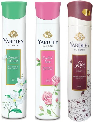Yardley London Imperial Jasmine, English Rose and Lace Satin Body Spray Women for Women 150ML Each (Pack of 3) Body Spray  -  For Women(450 ml, Pack of 3)
